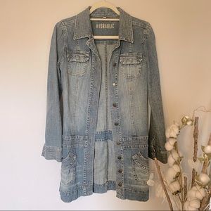 Distressed Hydraulic Long Denim Jacket Trench Coat Button Up